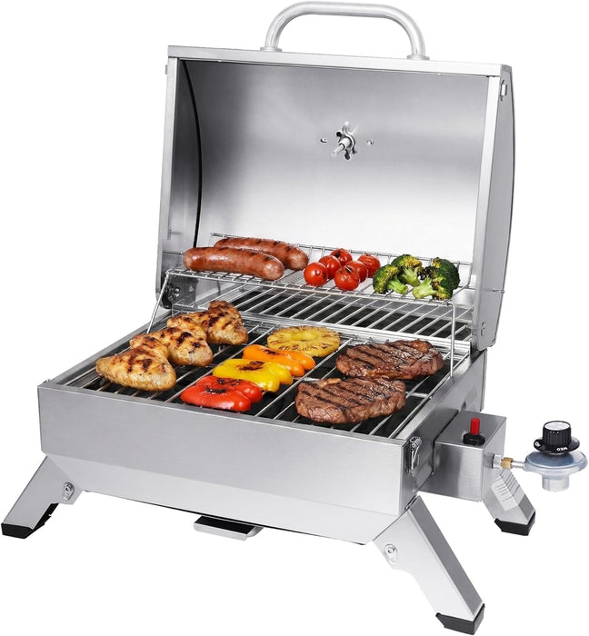 GT1001 Stainless Steel Portable Grill, 10000 BTU BBQ Tabletop Gas Grill with Folding Legs and Lockable Lid, Outdoor Camping, Deck and Tailgating, Silver