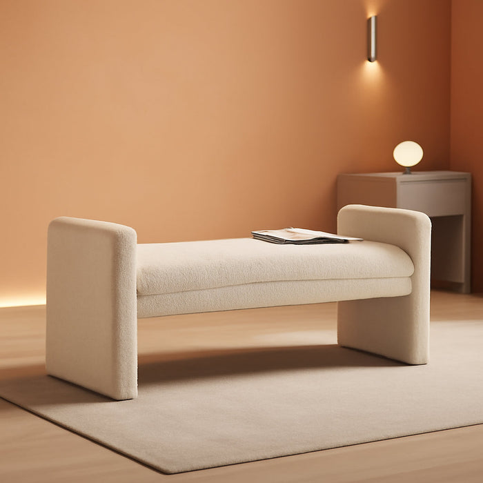 Modern Upholstered Bed Bench Covered with Soft Boucle Teddy Fabric, Lovely Entryway Bench Ottoman with Armrest,5062-Cream