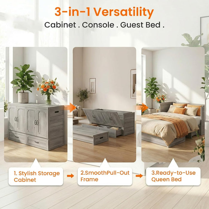 Queen Murphy Bed Grey SpaceSavingDrawer Compact Unit