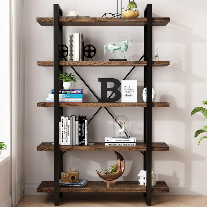 5-Tier Industrial Style Solid Wood Bookcase and Book Shelves,Rustic Wood and Metal Shelving Unit， Living Room,Modern Rustic Open Industrial Book Shelf Office,Distressed Brown (Ay-02-5Tier)
