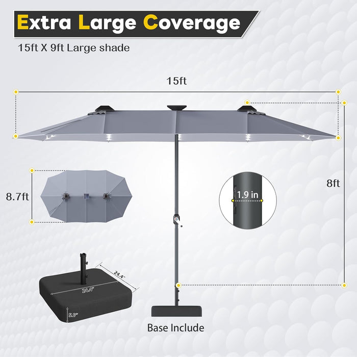 15Ft Double-Sided Patio Umbrella with Solar Lights, Outdoor Rectangle Market Large Patio Umbrella with Base Include|Crank Handle|156 PCS LED Lights for Garden Deck Pool in Grey(1.9" Pole)