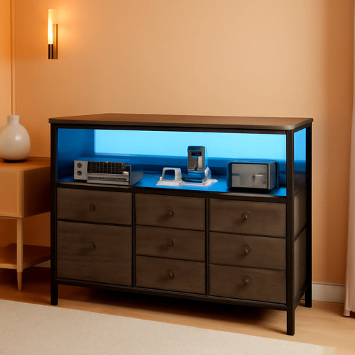 TV Stand Dresser for Bedroom, 7 Fabric Drawers Entertainment Center, LED Dressers with Power Outlets, TV Stands for Living Room with Storage Shelf, TV Console Entertainment Stand up to 50" TV