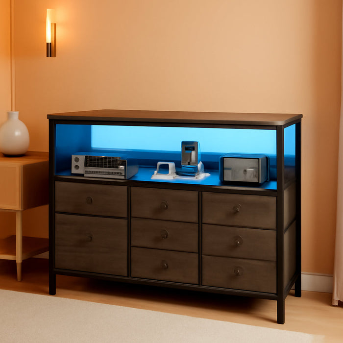 TV Stand Dresser for Bedroom, 7 Fabric Drawers Entertainment Center, LED Dressers with Power Outlets, TV Stands for Living Room with Storage Shelf, TV Console Entertainment Stand up to 50" TV
