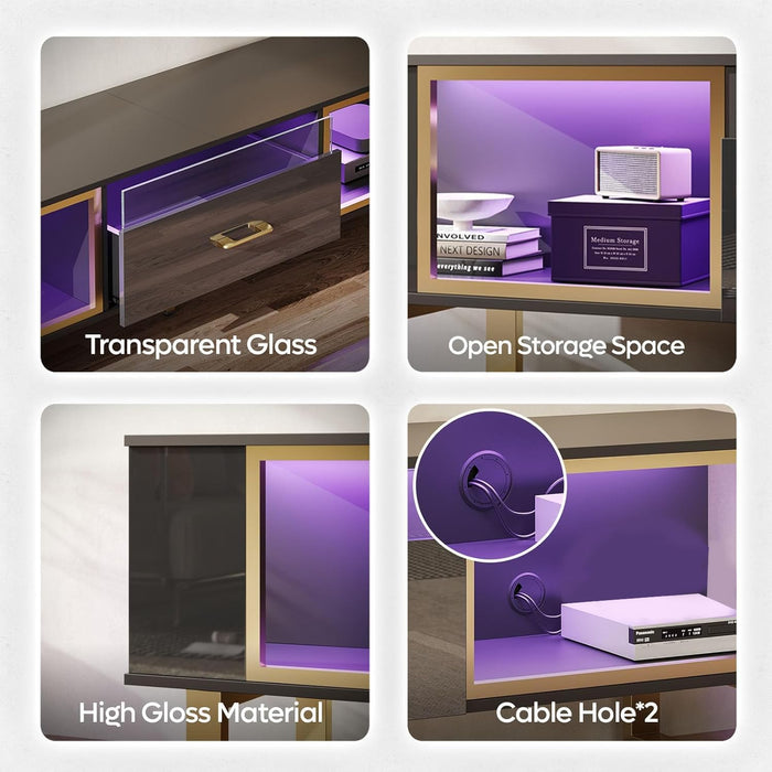 70 Inch TV Stand with LED Lights for 75 Inch TV, LED Entertainment Center with Open Storage and Half-Glass Design Drawer, Modern High Gloss TV Console for Living Room Bedroom, Black and Gold