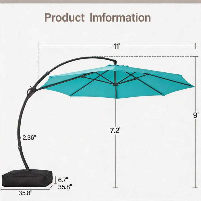 Outdoor Patio Umbrella with Base, 11 FT Deluxe Curvy Cantilever Umbrella Heavy Duty Offset Hanging Umbrella with 360° Rotation for Market, Pool, Garden, Backyard, Deck (Turquoise Blue)