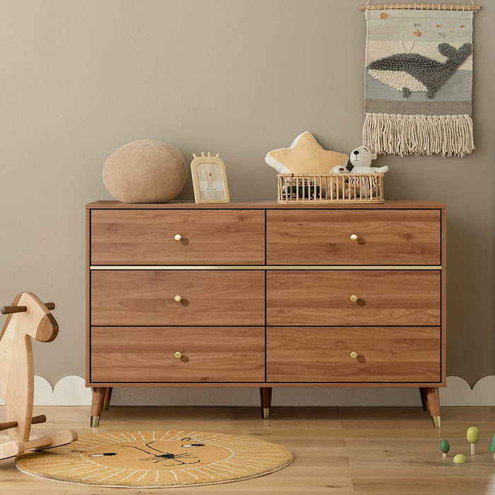 Walnut 6-Drawer Dresser 47-Inch Modern Mid Century