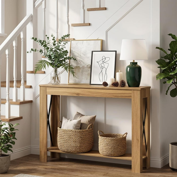 Farmhouse Console Table, 39.4'' Small Narrow Entryway Table, Wood Couch Table behind Sofa with Storage Shelf, Slim Farmhouse Hallway Table for Living Room, Hallway, Foyer, Light Walnut CT34VV