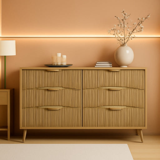 54" Curved Fluted 6-Drawer Dresser, Mid-Century Modern Natural