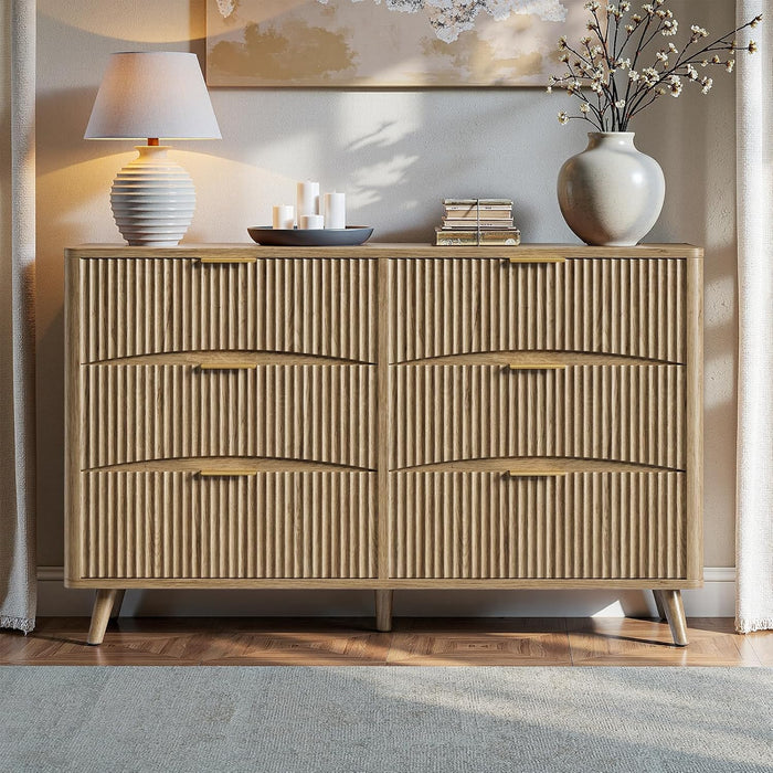 54" Curved Fluted 6-Drawer Dresser, Mid-Century Modern Natural