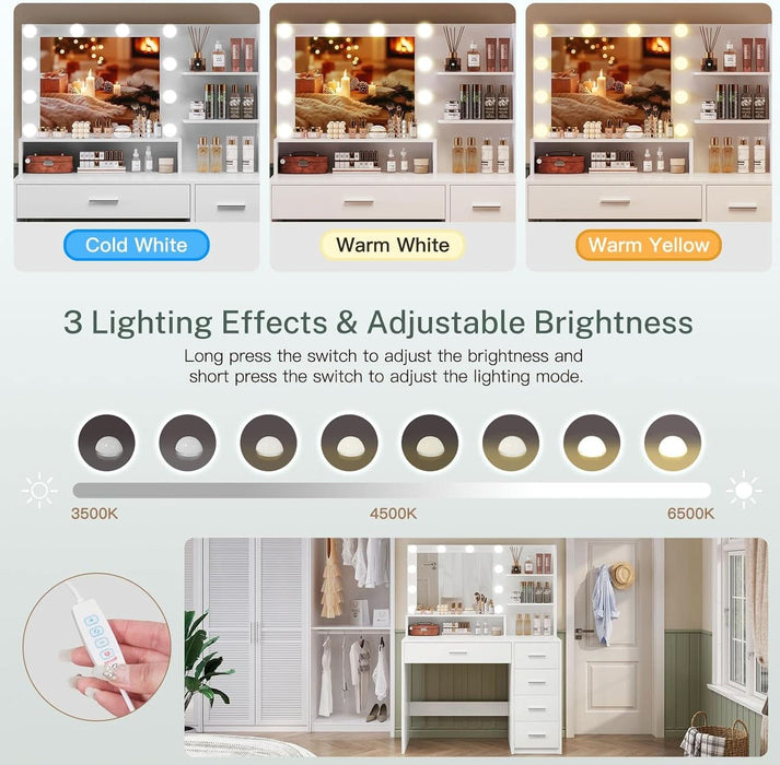 Vanity Desk with Mirror and Lights, Makeup Vanity with 5 Drawers and 3 Storage Shelves, 3 Color Modes & Adjustable Brightness Dressing Table, Vanity for Girls, White
