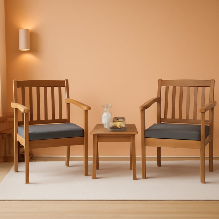 3 Pieces Patio Wood Furniture Set, Acacia Wood Chairs and Coffee Table Set with Soft Cushions, Slatted Design, Outdoor Furniture Set for Porch, Yard, Balcony (Grey)