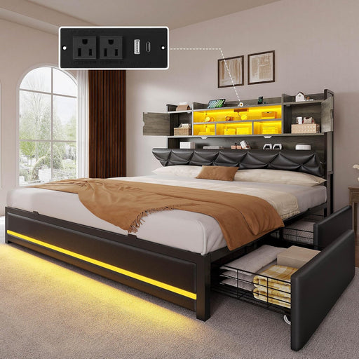 Queen Size Bed Frame with RGB LED Lights & Storage Bookcase Headboard, Upholstered Bed with Charging Station and 4 Drawers, No Box Spring Needed, Easy Assembly, Noise-Free, PU Leather Black