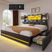 Queen Size Bed Frame with RGB LED Lights & Storage Bookcase Headboard, Upholstered Bed with Charging Station and 4 Drawers, No Box Spring Needed, Easy Assembly, Noise-Free, PU Leather Black