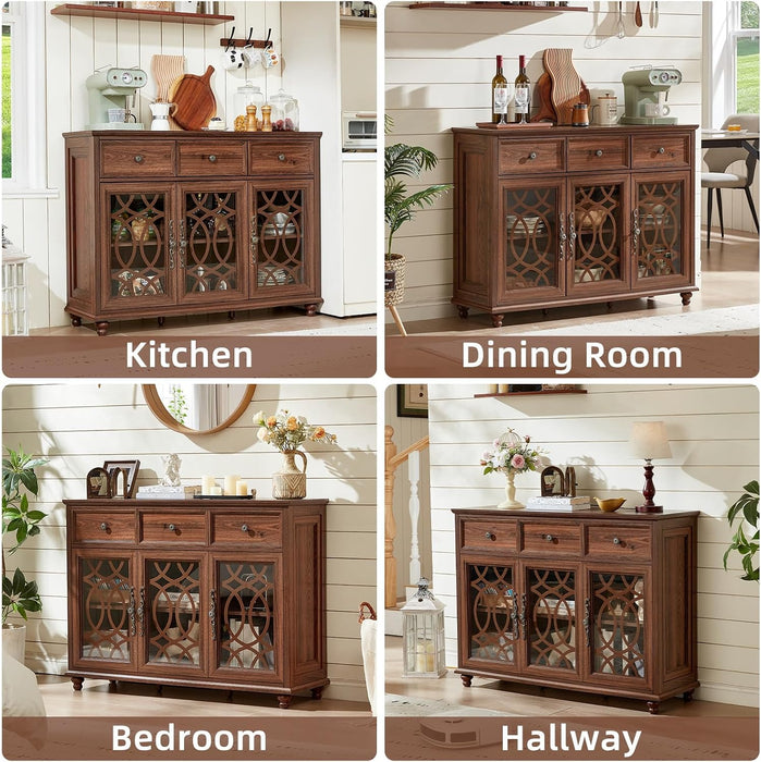 Farmhouse Sideboard Buffet Cabinet with Storage,48" Large Credenza with 3 Glass Doors & 3 Drawers,Adjustable Shelves Console Table,Wood Kitchen Coffee Bar for Dining Room,Living Room,Brown