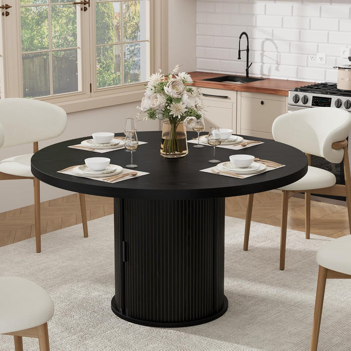 47" round Dining Table for 4-6, Farmhouse Kitchen Table, Black | Dining Table with 2-Layer Storage Shelf and Drawer, Circle Dinner Table for Dining Room, Kitchen, Living Room (Table Only)