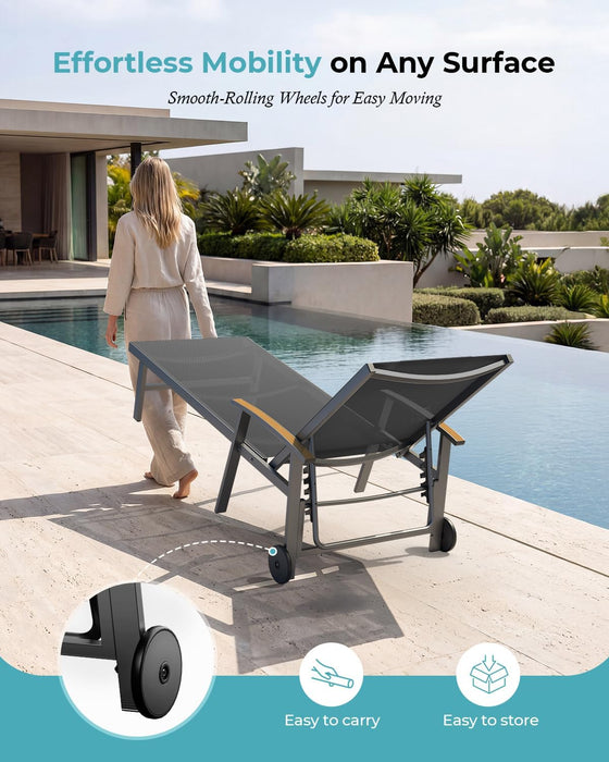 Outdoor Lounge Chair with Pillow, 5-Position Aluminum Chaise Lounge with Wheels & Armrests, 400 Lbs Heavy Duty Patio Pool Chair for Deck, Backyard, Beach & Poolside, Grey