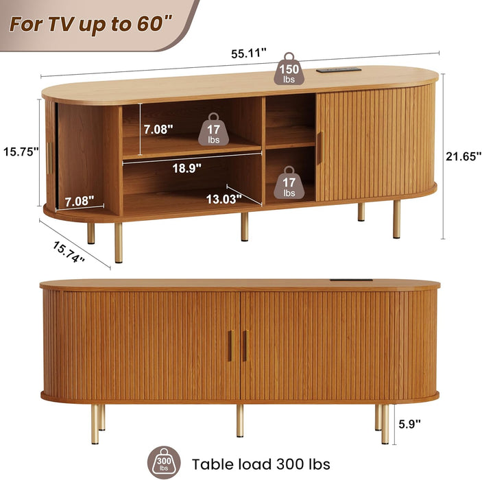 55 Inch Mid Century Modern TV Stand with Power Outlet for Tvs up to 60 Inch, Entertainment Center with Storage and Adjustable Shelves, Media Console with Sliding Doors for Living Room(Yellow)