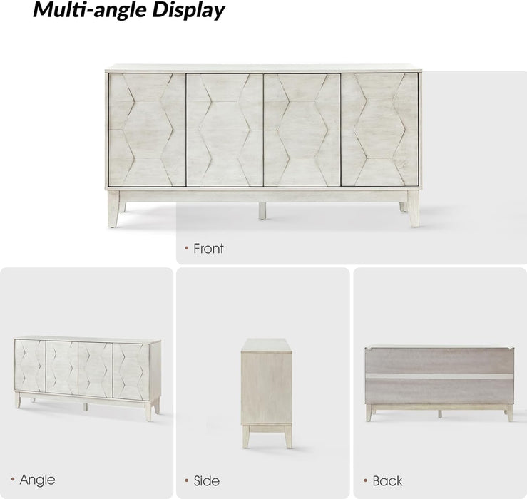 Mid Century Sideboard Buffet Cabinet with Solid Wood Legs, 60" Kitchen Storage Cabinet Credenza with 4 Doors and 2 Shelves, Accent Console Table, White