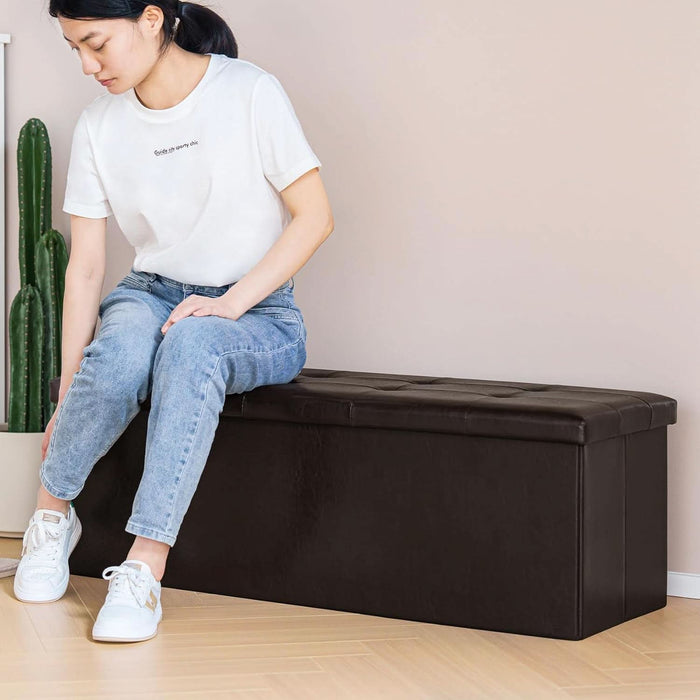Folding Storage Ottoman Bench, Brown Faux Leather Long Storage Chest Footstool Seat, Bench for Bedroom and Hallway, 43.3"X15.7"X15.7"
