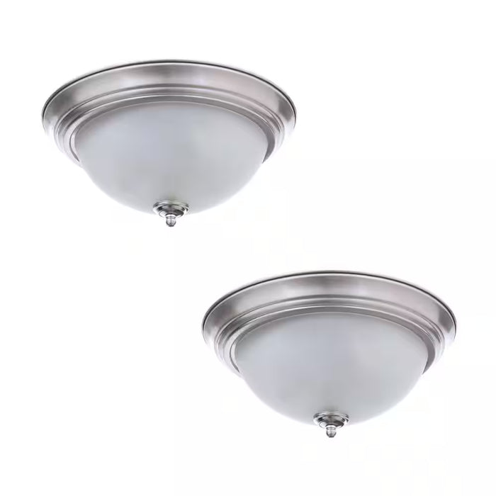 11 In. 1-Light Brushed Nickel Flush Mount with Frosted Glass Shade (2-Pack)