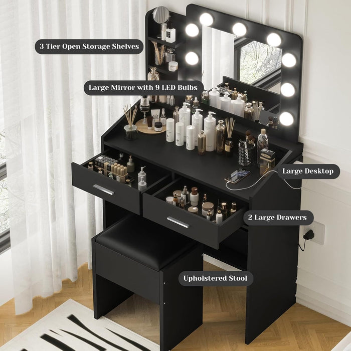 Black Vanity Table Set with Mirror – Dimmable LED Lights, Built-In Power Outlet, 7 & 2 Storage Drawers, Cushioned Stool, Adjustable Light Color, Hairdryer Holder – Bedroom, Black