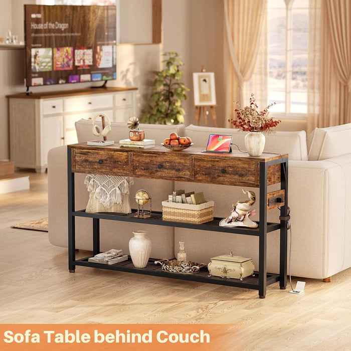 47'' Entryway Table with Outlets and USB Ports, Console Table with 3 Drawers, Sofa Table Narrow Long with Storage Shelves for Living Room, Couch, Hallway, Foyer, Kitchen Counter, Rustic Brown