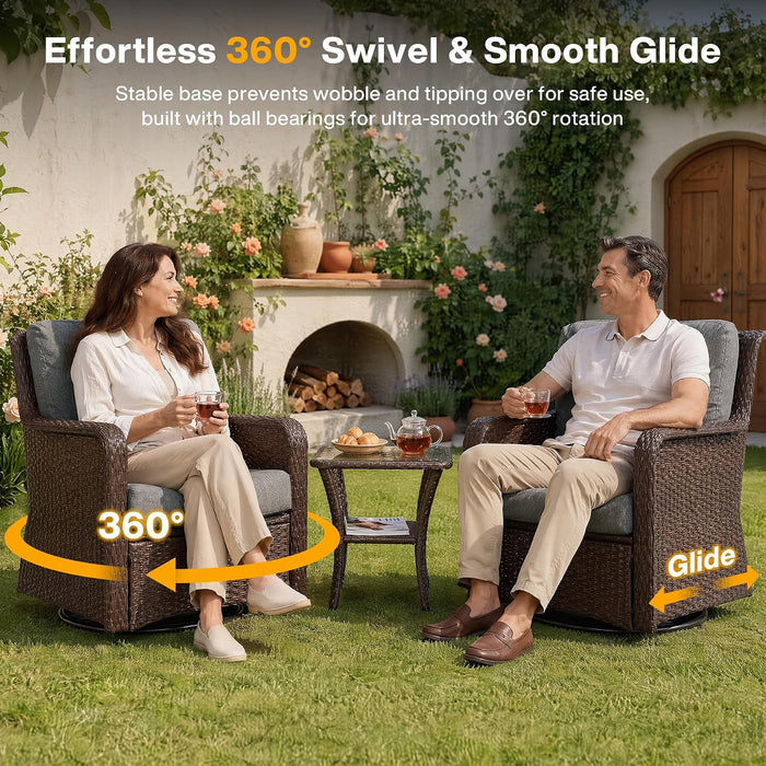 360° Swivel Wicker Patio Chair Set of 2, Handwoven PE Rattan, 5.5" Thick Olefin Cushions, Weatherproof Conversation Seating for Porch Deck Backyard, Brown/Gray