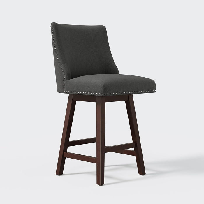 26 Inch Bar Stools Set of 3, Counter Height Swivel Barstools with Back, Solid Wood Legs with Footrest for Kitchen Island (Dark Grey Linen, 3)