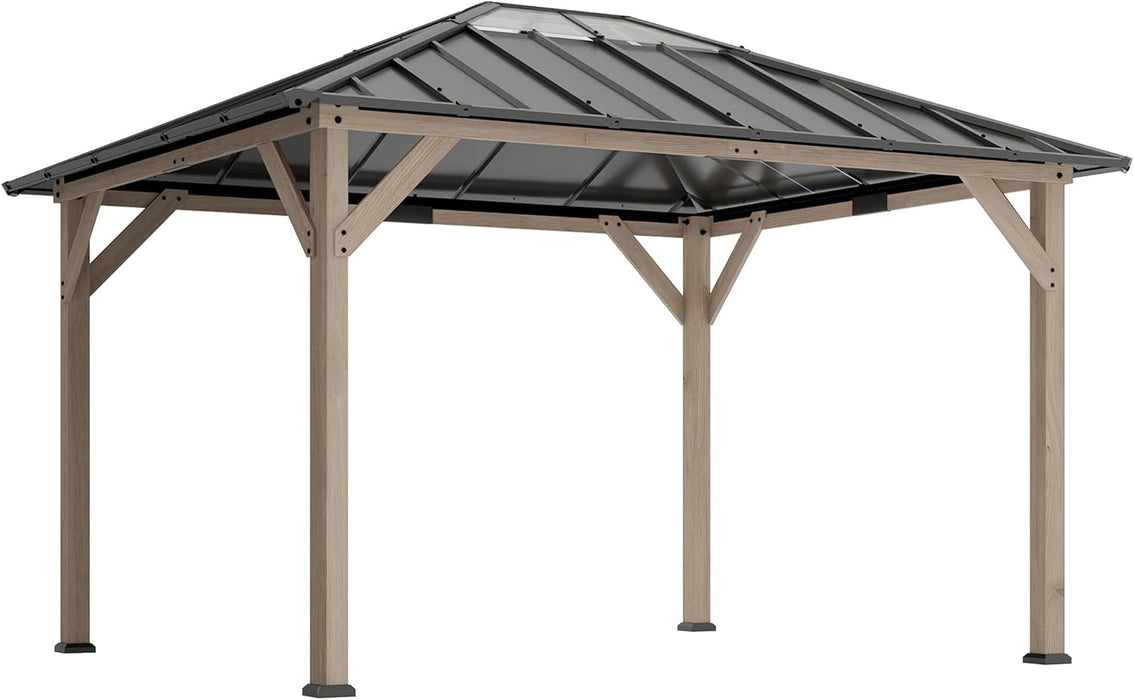 10' X 12' Hardtop Gazebo with Galvanized Steel Roof, Wood Permanent Pavilion Canopy Shelter with Clear Roof Top, UPF50+ Protection, Ceiling Hooks for Lawn, Backyard, Deck, Light Walnut