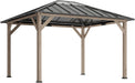 10' X 12' Hardtop Gazebo with Galvanized Steel Roof, Wood Permanent Pavilion Canopy Shelter with Clear Roof Top, UPF50+ Protection, Ceiling Hooks for Lawn, Backyard, Deck, Light Walnut