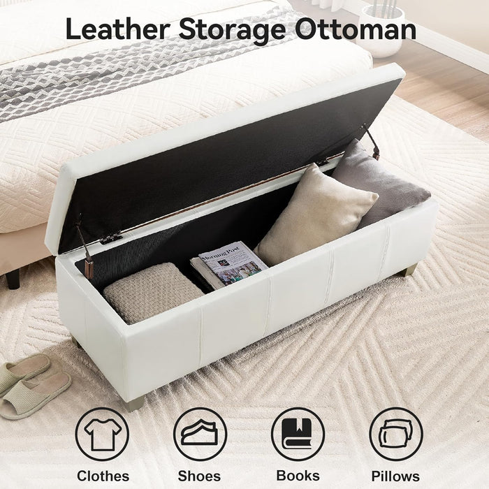 41" Faux Leather Storage Ottoman, Stitch Tufted Rectangle Upholstered End of Bed Storage Bench, Entryway Large Couch Ottoman with Wooden Legs,White