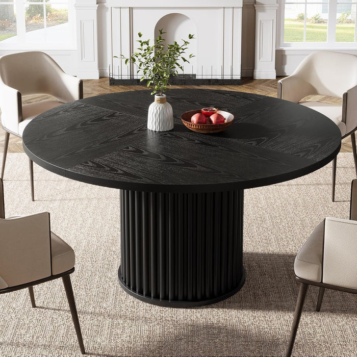 47.24-Inch Black round Dining Table for 4-6 People, Modern Fluted MDF + Metal Base Kitchen Table, Sturdy Circle Dining Room Furniture, Black