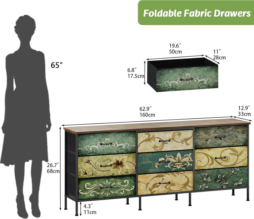 Dresser with Drawers for Bedroom Chest of Drawers Fabric Dresser for Closet,Nursery Entryway Hall Tree TV Stand for Living Room Retro Floral Pattern Drawers Wooden Top (Wide 9 Drawers)