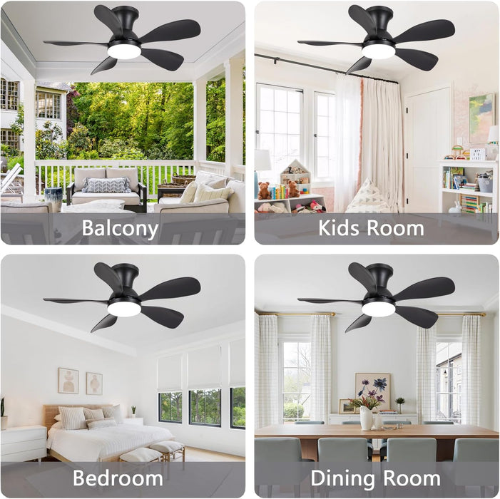 36Inch Black Low Profile Ceiling Fans with Lights and Remote/App Control, Reversible DC Motor, 6 Speeds, Modern Flush Mount Ceiling Fan with 5 Blades for Outdoor Patio,Small Room,Bedroom