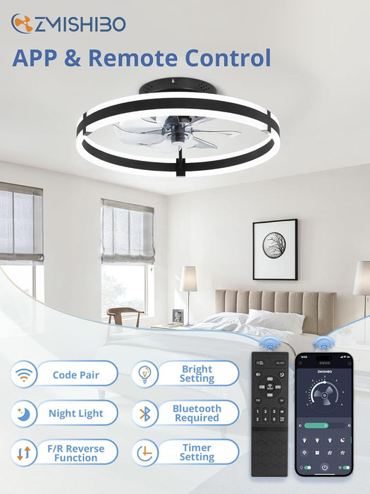 Ceiling Fans with Lights and Remote, 19.7'' Low Profile Ceiling Fans, 3000-6000K Dimmable Modern Flush Mount LED Fan Light, 6 Wind Speeds, Black Fandelier Ceiling Fans with Lights for Bedroom