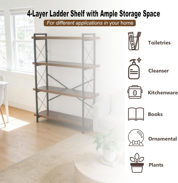 Bookshelf, Rustic Open Book Shelf, Wood and Metal Horizontal Bookshelves (4-Tier)