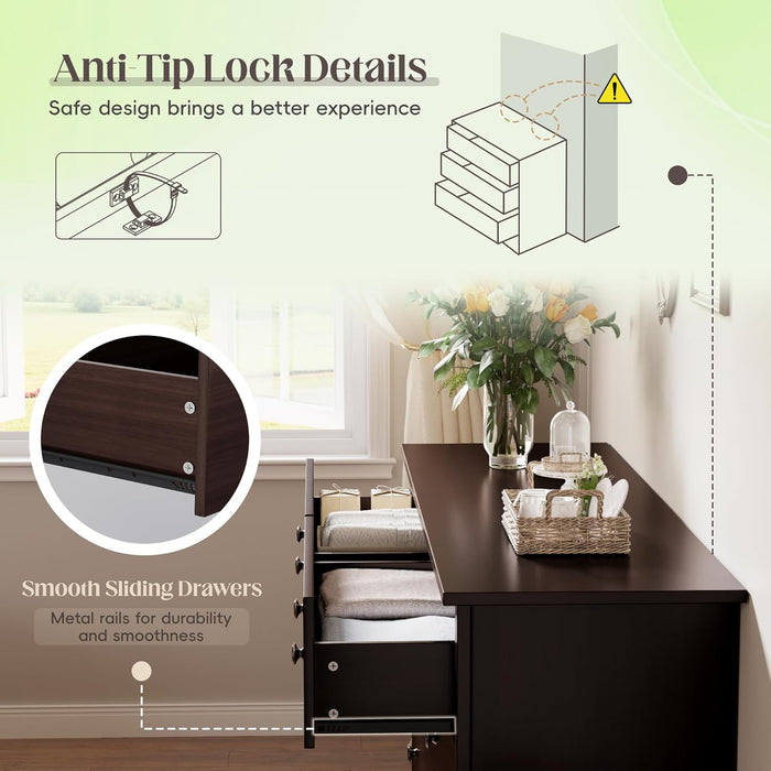 Dresser for Bedroom, 6 Wood Dresser Drawers, Wide Chest of Drawers, Storage Tower Unit, Modern Design for Bedroom, Living Room, Hallway, Entryway (Dark Brown)