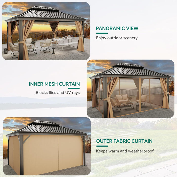 12X16Ft Gazebo Hardtop with Netting and Curtains 2-Tier Galvanized Iron Canopy, Outdoor Aluminum Frame Garden Tent for Patio, Backyard, Deck and Lawns, Brown