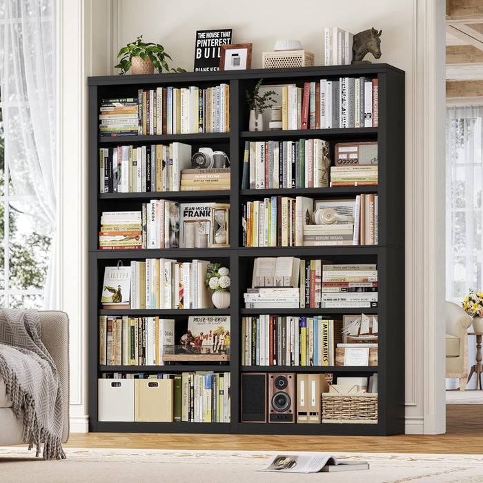 73" Tall Double Wide Bookshelf, 63" W 6-Tier Open Shelves, Black | Large Bookshelf and Bookcase, 12 Display Shelves, Modern Wood Book Shelf with Storage for Library, Home Office, Living Room