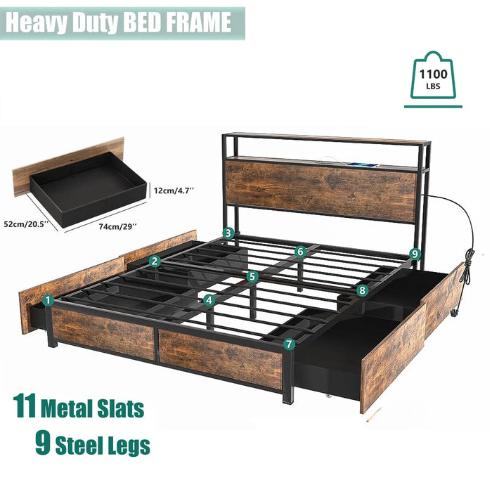 LED Queen Bed Frame with Storage Headboard & 4 Drawers, Industrial Metal Platform Bed with Power Charging Station & USB Ports