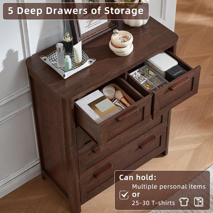 Farmhouse 5 Drawer Dressers for Bedroom, Walnut