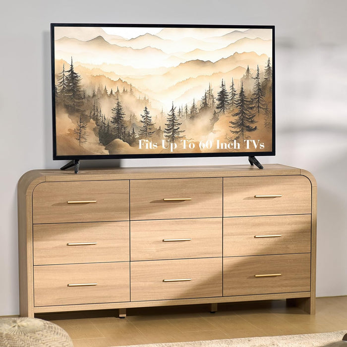 Curved 9-Drawer Dresser for Bedroom, 63" Wide Modern Chest of Drawers, Vanity Desk TV Stand for Living Room, Closet Storage Drawers Coffee Table Bedside Table End Table, Oak