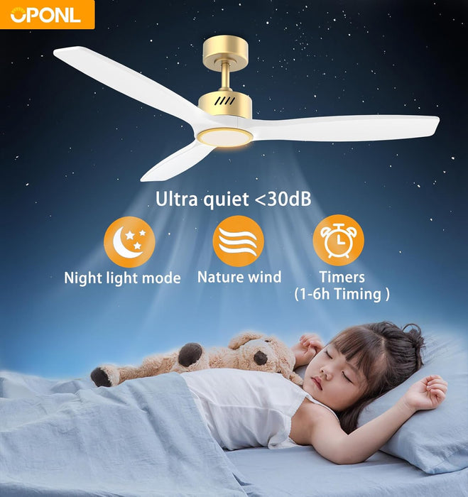 White Wood Ceiling Fan with Light 52Inch, Low Profile, Remote Control, Downrod Mount, Noiseless, Reversible, 6CCT, Dimmable, 6 Speeds, Timeable, Ceiling Fans with Lights for Living Room