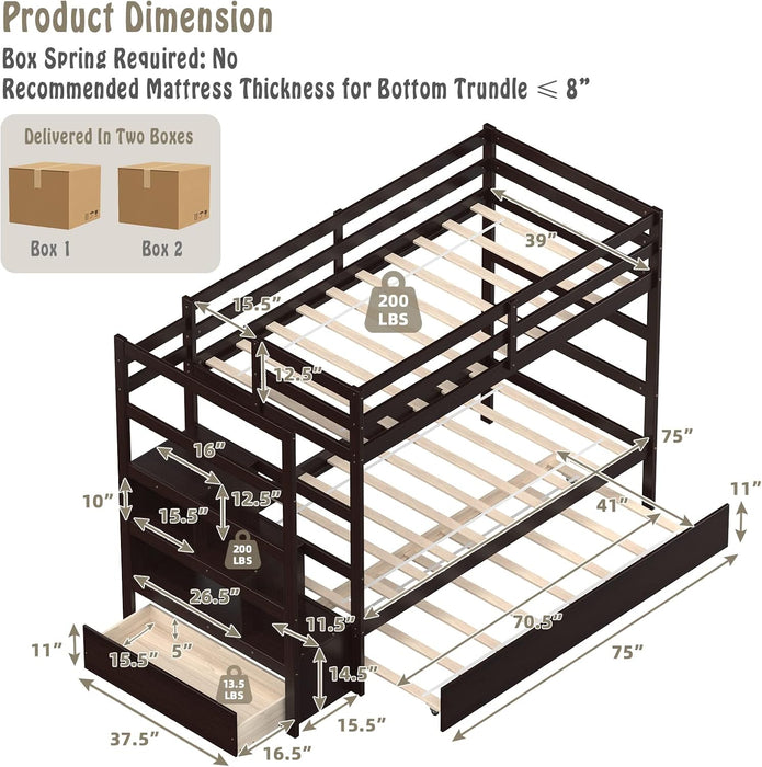 Espresso Solidwood Twin Bunk Bed With TrundleStorage