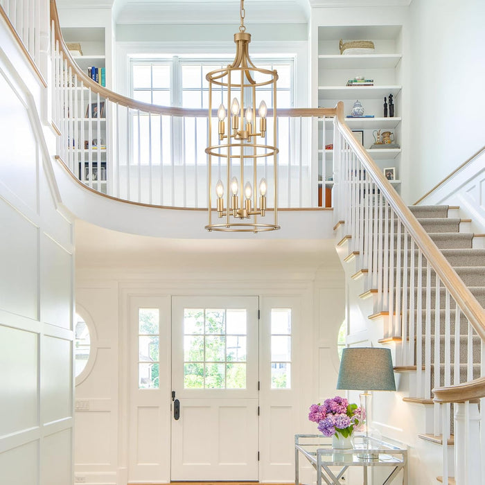 Gold Multilayered Cage Chandelier For Elevated Ceilings