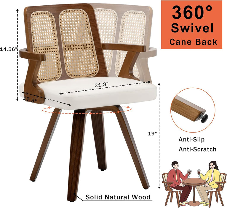 Walnut Dining Chairs - Swivel Rattan Dining Chairs with Bentwood Frame with Ergonomic Cane Back, Curved Arms, MCM Dining Chairs for Kitchen/Restaurant/Living Room/Conference (Walnut Beige, Set of 2)