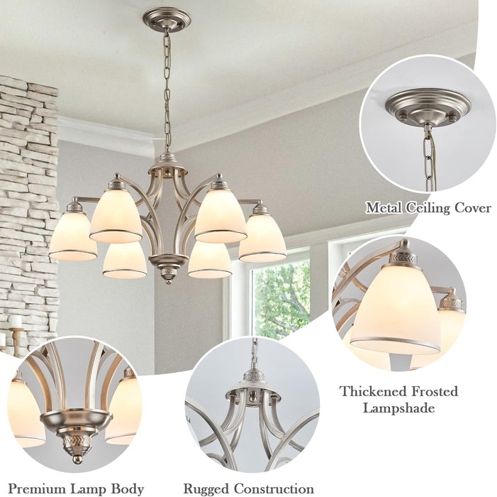 Brushed Nickel 6Light Farmhouse Chandelier Milk Glass