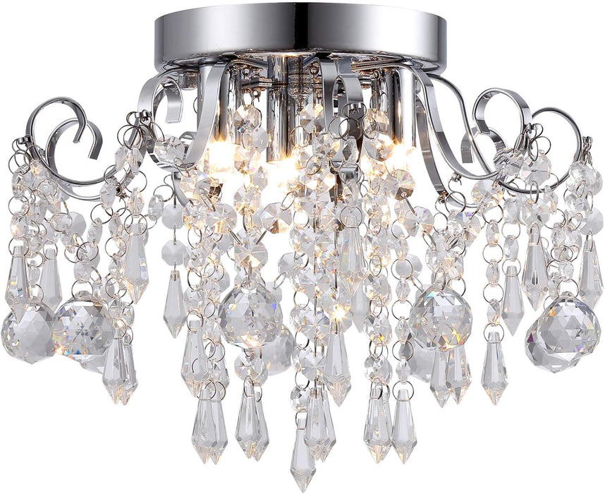 Small Crystal Chandelier Flush Mount Ceiling Light 3 Lights Modern Chrome Iron Raindrop Crystal Ceiling Fixture for Bedroom Hallway Closet Entryway Stairs