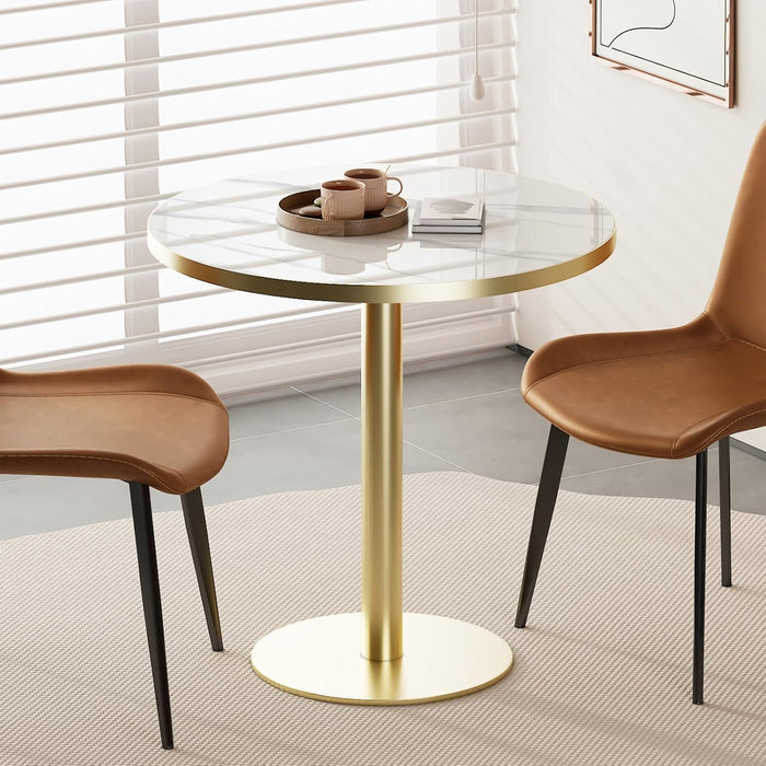 31.5" Circle Tulip Table with Sintered Stone Tabletop, Gold Edge & Pedestal | Modern round Dining Table, Leisure Bistro Table for Kitchen, Small Places, Living Room, Cafe, Restaurant (Snow Peak Marble)