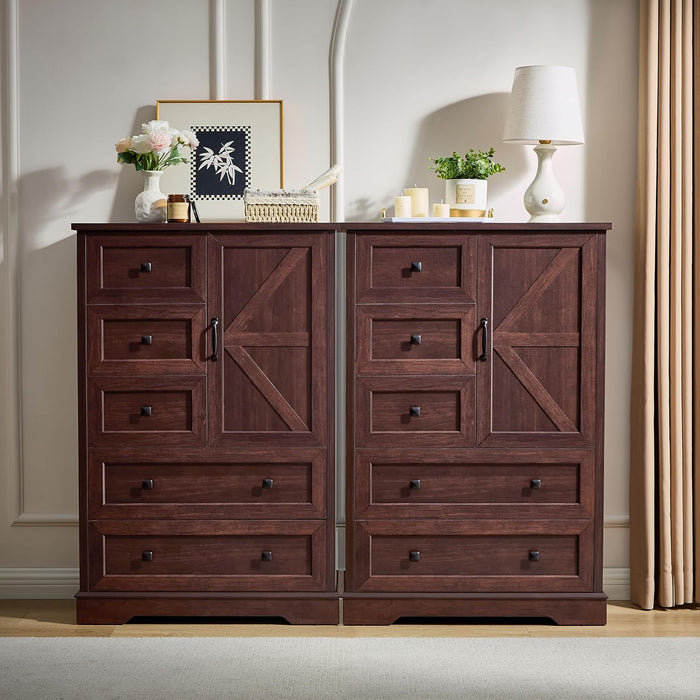 Farmhouse Dresser for Bedroom, Tall Chest of Drawers, Dark Cherry